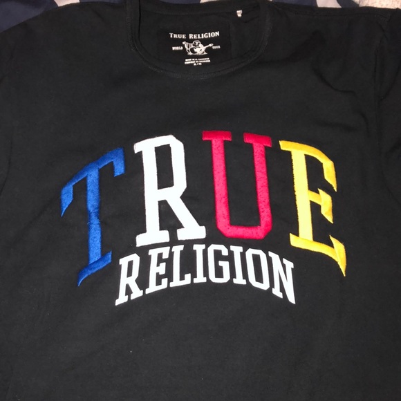 blue and yellow true religion shirt